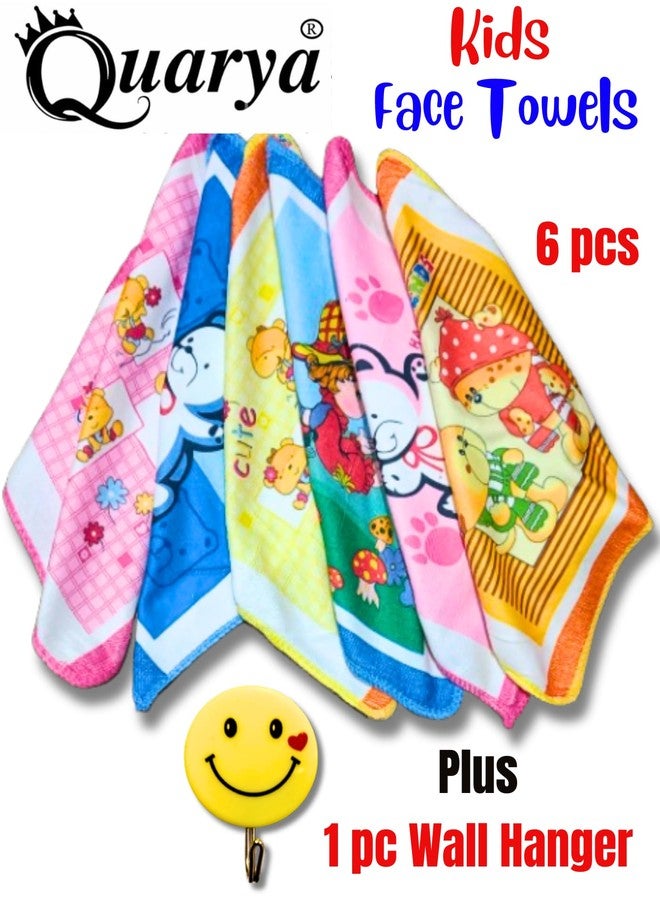 Quarya Cotton Face Towels for Newborn Baby Kids Soft Hankies Small Printed Cartoon Handkerchief Napkins Rumal for Infants Toddlers Girls and Boys Multicolor (24x24CM) (Pack of 6 Plus 1 Wall Hanger) - Image 2