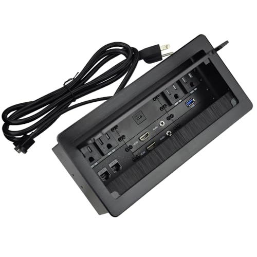JS TECHNOLOGY Tabletop Multimedia Connectivity Box with 4 AC Power+2 HDMI+2 RJ45+1 USB3.0 Port +1 USB-C +2 Audio with 5.58ft Power Cord for Conference Room Office Desk(Black) - Image 1
