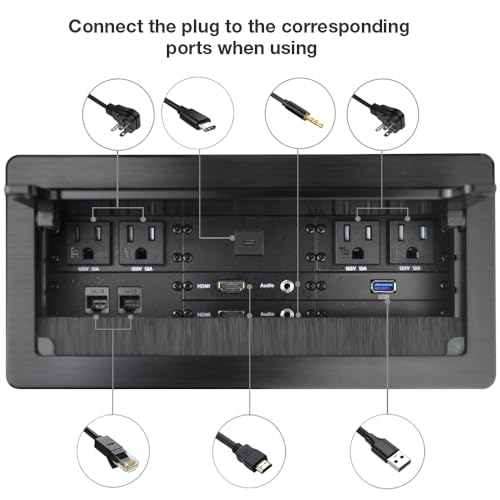 JS TECHNOLOGY Tabletop Multimedia Connectivity Box with 4 AC Power+2 HDMI+2 RJ45+1 USB3.0 Port +1 USB-C +2 Audio with 5.58ft Power Cord for Conference Room Office Desk(Black) - Image 2