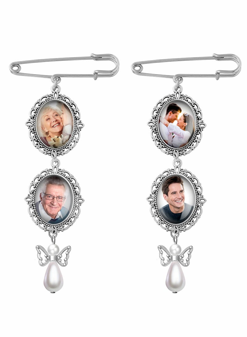 2 Pcs Wedding Bouquet Photo Charm DIY Pin Brooch Making Kit Double Lacy Frame Wedding Charm 18 x 25 mm Oval Glass Cabochons Picture Frame with Pendant for Holiday Craft Use - Image 1