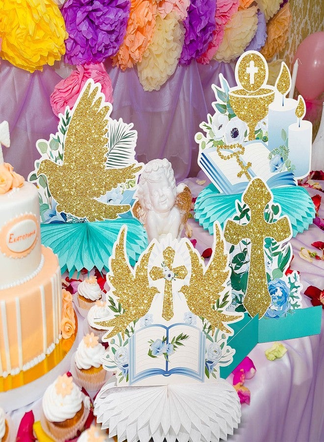 Faccito 10 Pcs Baptism Decorations First Communion Honeycomb Centerpieces for Tables, Glitter Baptism Party Supplies for Baby Shower, Birthday Celebration First Communion Decor(Light Blue Series) - Image 5