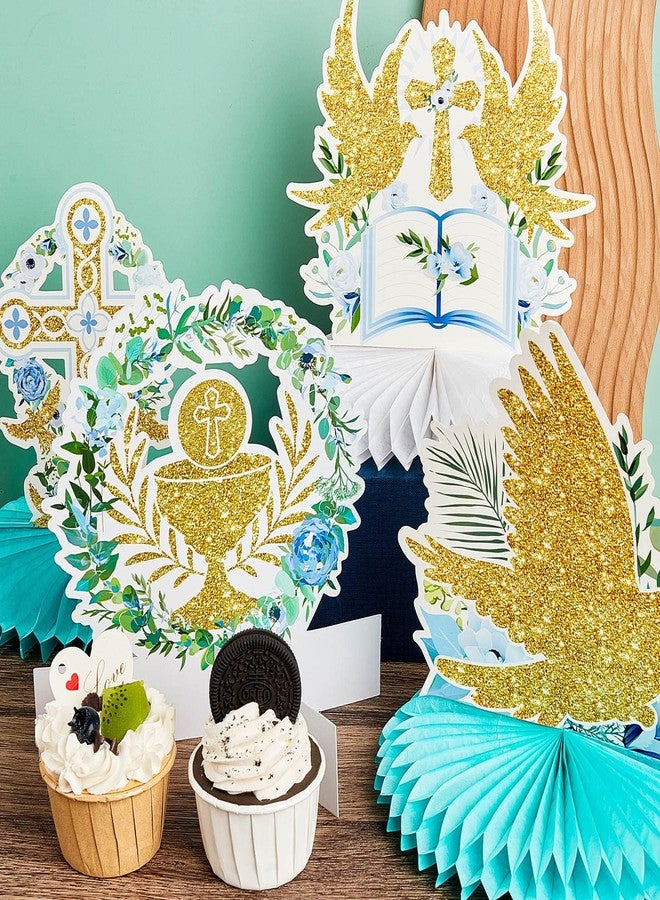 Faccito 10 Pcs Baptism Decorations First Communion Honeycomb Centerpieces for Tables, Glitter Baptism Party Supplies for Baby Shower, Birthday Celebration First Communion Decor(Light Blue Series) - Image 4