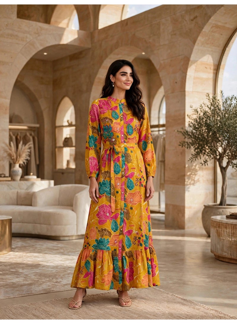 IKKXA Floral Buttoned Maxi Dress IK20Yellow - Image 1