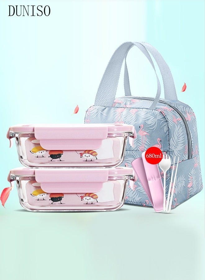 DUNISO Glass Lunch Boxes - 680ml [Set of 2], Leak proof Food Container for Kids & Adults,Insulated Bag Tableware Included, Dishwasher, Freezer & Microwave Safe  (Rock Pink) - Image 1