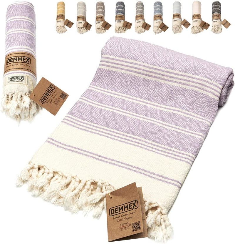 DEMMEX Certified 100% Organic Turkish Cotton Beach and Bath Towel - Hammam Peshtemal Towel, Blanket - Oversized, Quick Dry, Sand Free, Compact -Diamond Weave, Prewashed, Made in Turkey, 180x90, Lilac - Image 1