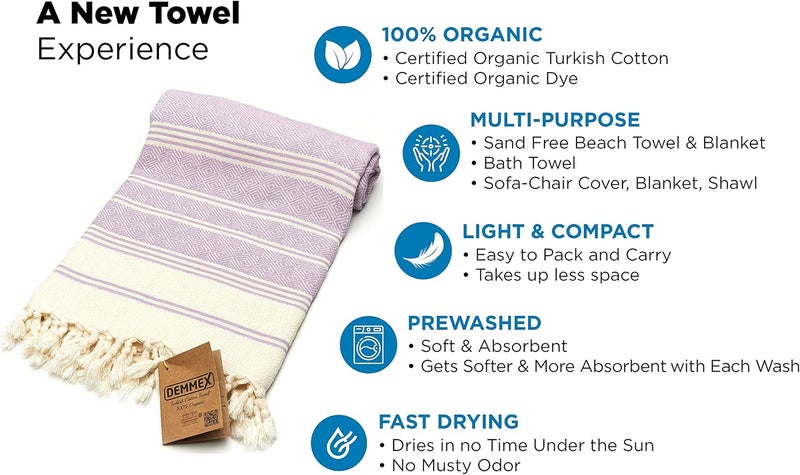 DEMMEX Certified 100% Organic Turkish Cotton Beach and Bath Towel - Hammam Peshtemal Towel, Blanket - Oversized, Quick Dry, Sand Free, Compact -Diamond Weave, Prewashed, Made in Turkey, 180x90, Lilac - Image 2