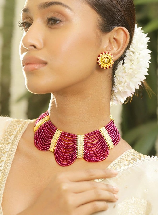 Rubans 22K Gold-Plated Ruby Pink Beaded & Cubic Zirconia Multi-Strand Ethnic Traditional Choker Jewellery Set - Image 2