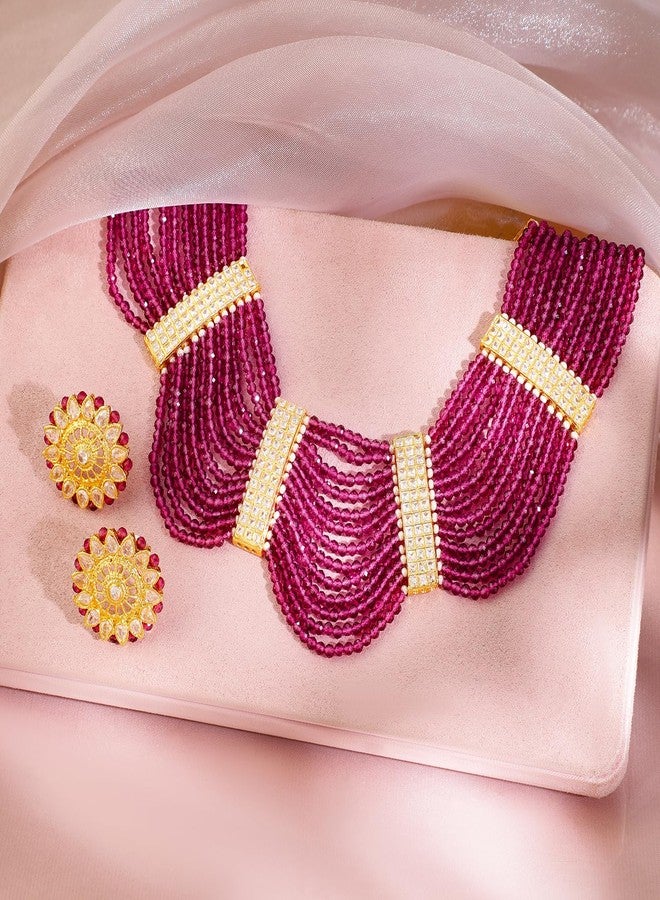 Rubans 22K Gold-Plated Ruby Pink Beaded & Cubic Zirconia Multi-Strand Ethnic Traditional Choker Jewellery Set - Image 4