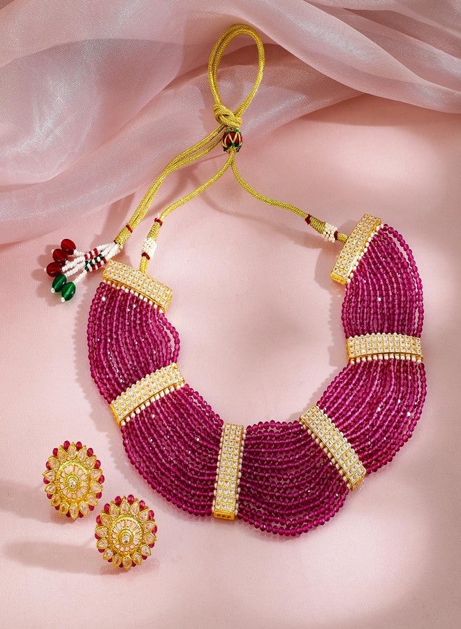 Rubans 22K Gold-Plated Ruby Pink Beaded & Cubic Zirconia Multi-Strand Ethnic Traditional Choker Jewellery Set - Image 3