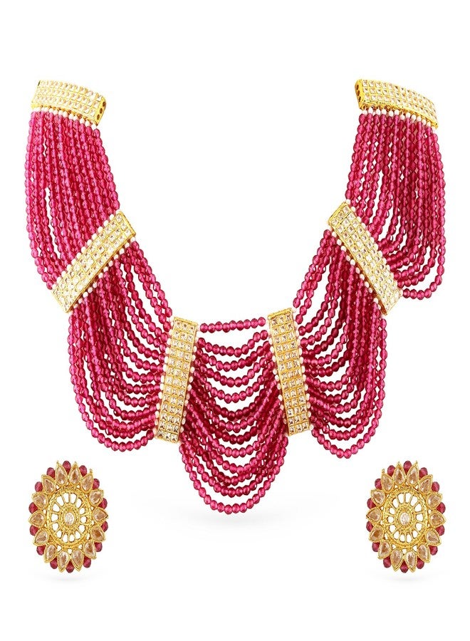 Rubans 22K Gold-Plated Ruby Pink Beaded & Cubic Zirconia Multi-Strand Ethnic Traditional Choker Jewellery Set - Image 1
