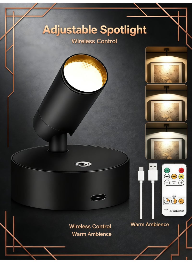BlueHole Wireless Black LED Spotlight Rechargeable Wall Light Adjustable 3 Color Temperature Portable Night Reading Light Hole Free for Home Outdoor Use - Image 1