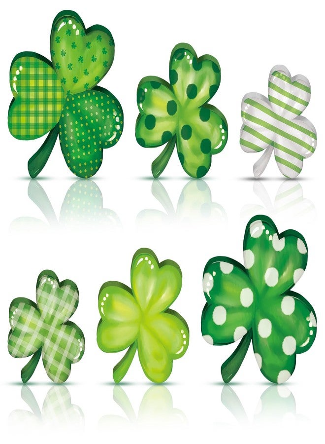 Funnymoom ٦ قطع من ديكورات النفل الخشبي لعيد القديس باتريك، قطعة مركزية خضراء على شكل نفل طاولة، صينية متعددة الطبقات مزينة بنفل أيرلندي للمنزل والمكتب والرف. - Image 1