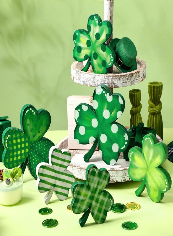 Funnymoom ٦ قطع من ديكورات النفل الخشبي لعيد القديس باتريك، قطعة مركزية خضراء على شكل نفل طاولة، صينية متعددة الطبقات مزينة بنفل أيرلندي للمنزل والمكتب والرف. - Image 2