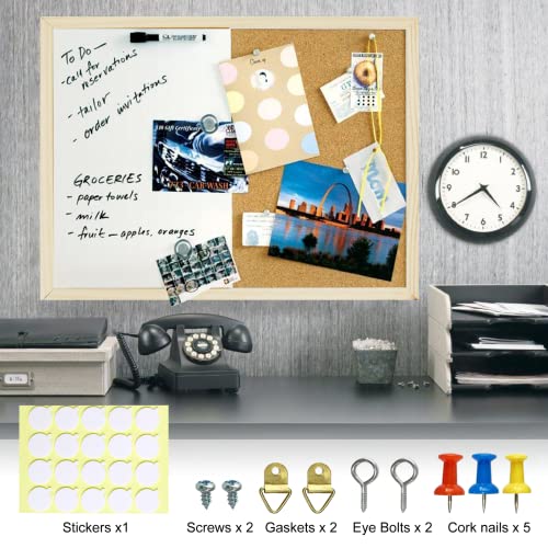 OWLKELA Dry Erase Cork Board 16.5"x12.6", Notice Pin Board, Memo Board, Vision Board, Bulletin Board for Office, Classroom or Home, Mounting Hardware and Push Pins Included, Wooden Frame - Image 4