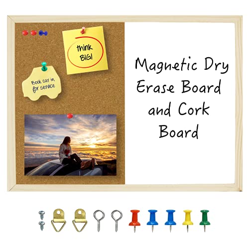 OWLKELA Dry Erase Cork Board 16.5"x12.6", Notice Pin Board, Memo Board, Vision Board, Bulletin Board for Office, Classroom or Home, Mounting Hardware and Push Pins Included, Wooden Frame - Image 1