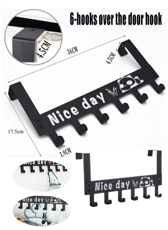 علاقة ملابس فوق الباب، حامل 6 خطافات مقاوم للصدأ، خطافات جدارية معدنية متينة وقوية، منظم متعدد الاستخدامات وموفر للمساحة، مناسب ل أبواب الحمامات والمطابخ والأبواب الأمامية والخلفية (أسود، 36*17.5*4.5 سم) - Image 1