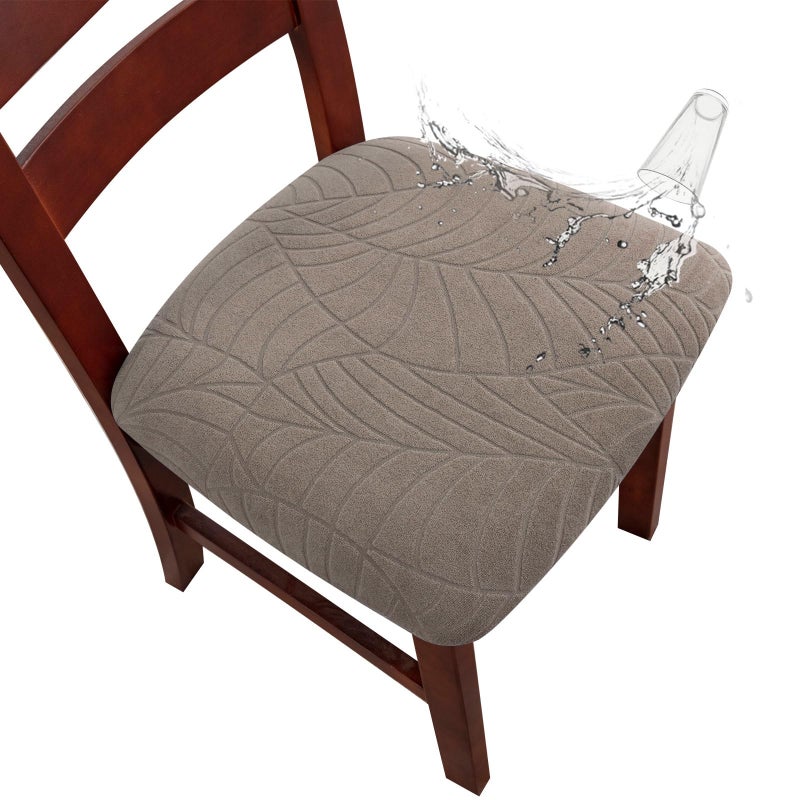 Genina Waterproof Seat Covers for Dining Room Chairs, Stretch Chair Seat Covers Removable Washable Dinning Room Kitchen Chair Cushion Slipcovers (Leaves-Taupe, 4 PCS) - Image 1