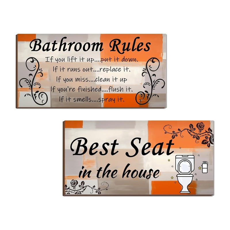 Al Raied ARS 2 Pieces Orange and Grey Bathroom Wall Decor - Abstract Wooden Hanging Bathroom Rules Art - Image 1