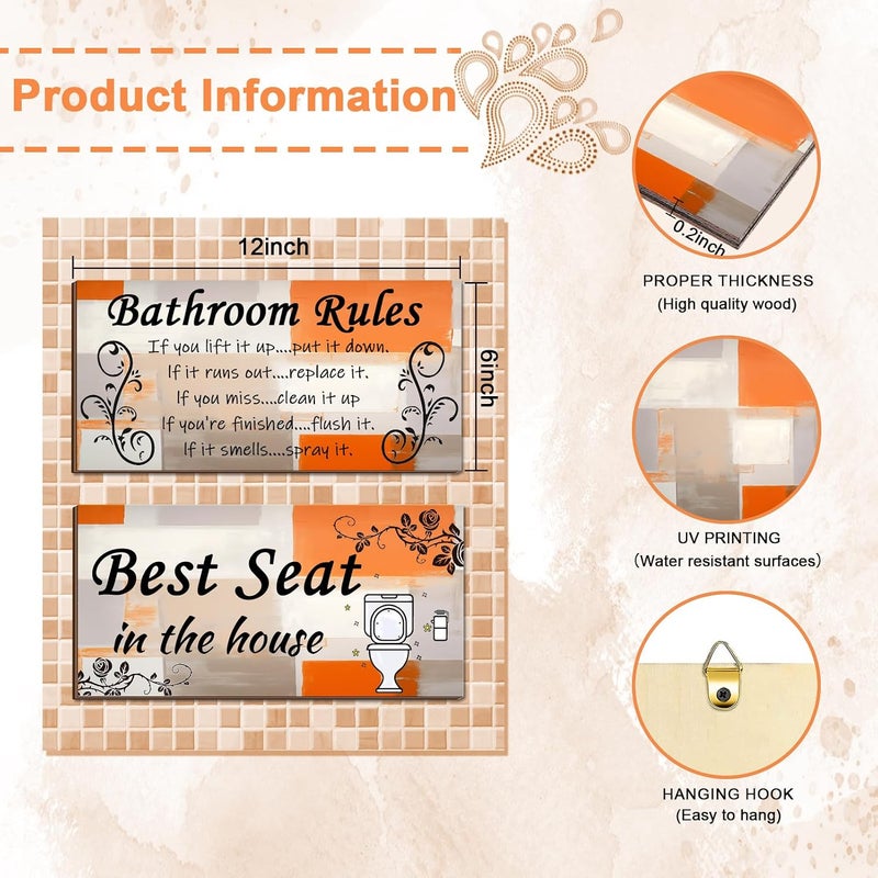 Al Raied ARS 2 Pieces Orange and Grey Bathroom Wall Decor - Abstract Wooden Hanging Bathroom Rules Art - Image 2