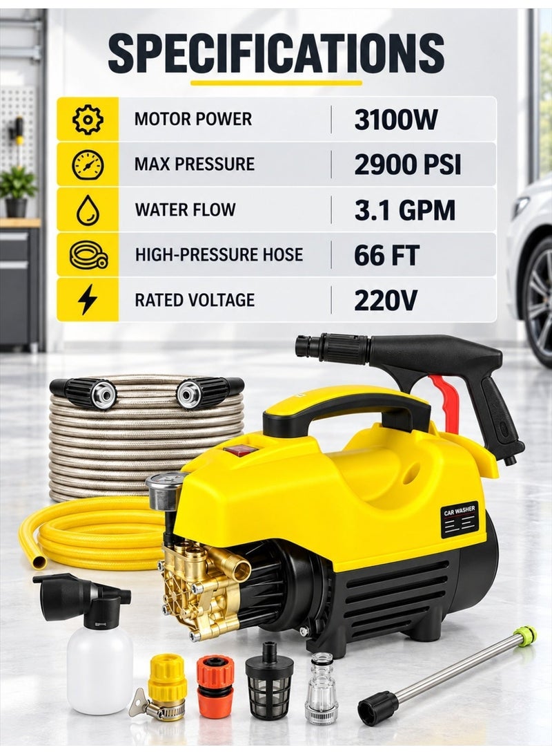 EzzySo غسالة ضغط كهربائية 2900 PSI كحد أقصى 3.1 GPM 3100W غسالة قوية محمولة مدمجة مع خرطوم بطول 66 قدم وفوهات قابلة للتعديل ومدفع رغوة، غسالة ضغط صغيرة للسيارات للاستخدام المنزلي/الفناء/الممر/باللون الأصفر - Image 4