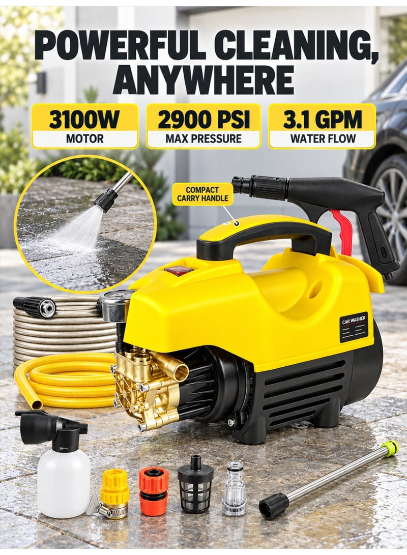 EzzySo غسالة ضغط كهربائية 2900 PSI كحد أقصى 3.1 GPM 3100W غسالة قوية محمولة مدمجة مع خرطوم بطول 66 قدم وفوهات قابلة للتعديل ومدفع رغوة، غسالة ضغط صغيرة للسيارات للاستخدام المنزلي/الفناء/الممر/باللون الأصفر - Image 3