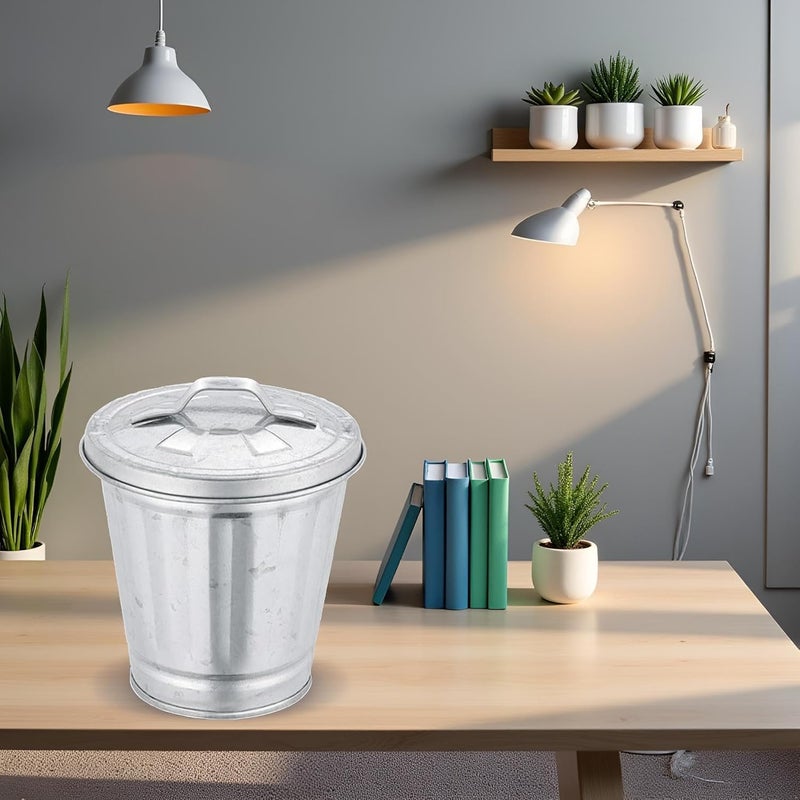 Tnyvm Silver Mini Galvanized Trash Can with Lid,Small Metal Buckets with Lids, Wastebasket Trash Can, Metal Rubbish Bin, Tabletop Can, Flower Pot Pen Holde Trash, Waste Receptacles and Liners, Decorations - Image 5