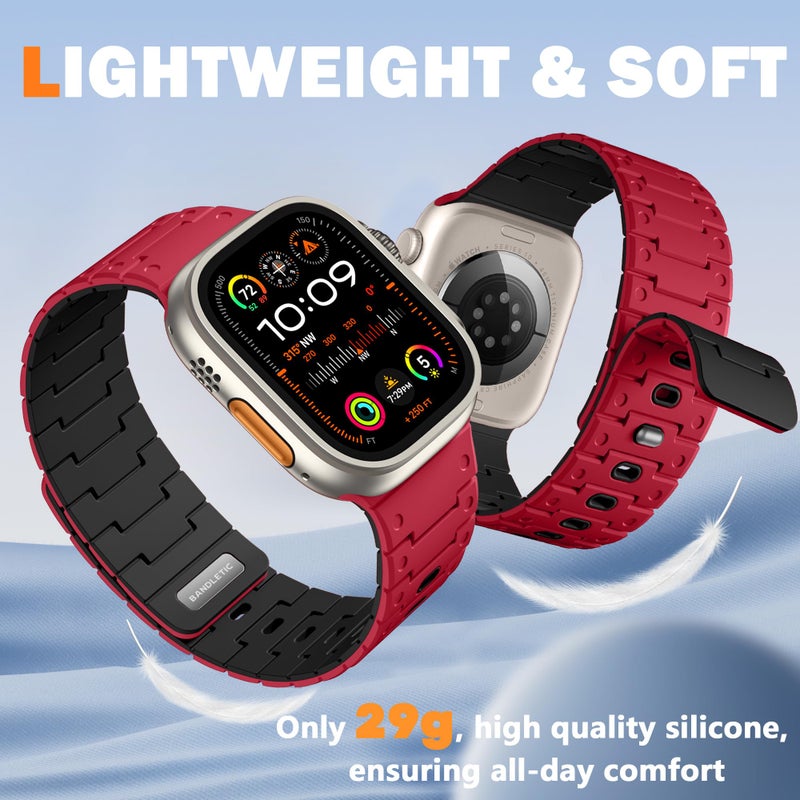 Bandletic Magnetic Watchband Compatible with Apple Watch for Men 49mm 42mm (Series 3/2/1) 45mm 49mm Men, Silicone Sport Strong Magnet Strap for iWatch Series 11 10 9 ULTRA 2 SE3 8 7 6 5 4, Red/Black - Image 2