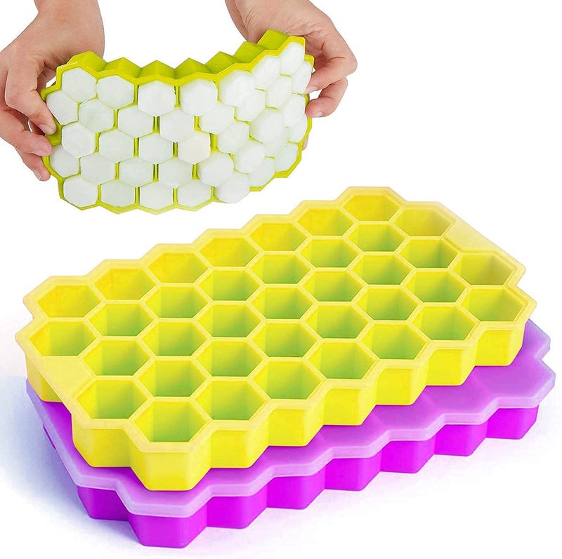 ADICTUM Ice Cube Tray with Silicon Ice Mold Trays Flexible Silicone Honeycomb Design 37 Cavity Ice Cube Tray with Lid Multicolor Pack of 1 - Image 1
