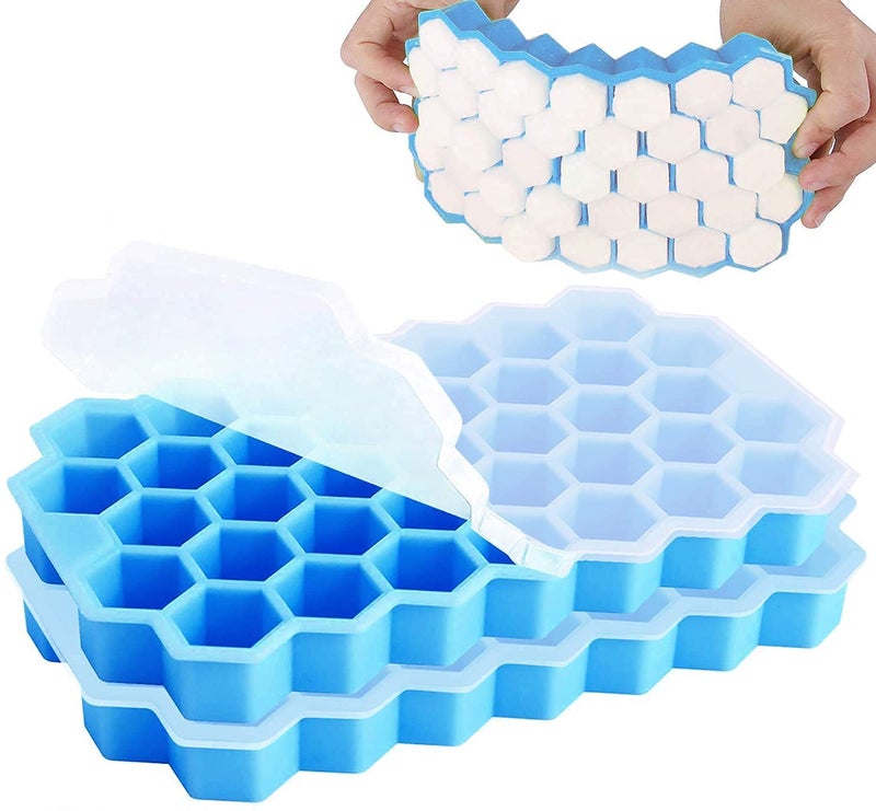 ADICTUM Ice Cube Tray with Silicon Ice Mold Trays Flexible Silicone Honeycomb Design 37 Cavity Ice Cube Tray with Lid Multicolor Pack of 1 - Image 3
