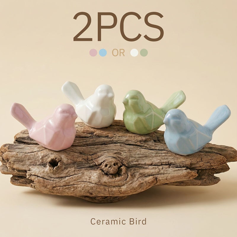 2pcs Pink Blue Ceramic Bird Ornaments Two Piece Set Geometric Style Porcelain Crafts Nordic Japanese Home Decoration Housewarming Birthday Graduation Gift - Image 1