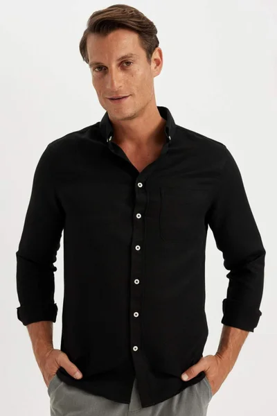 DeFacto Slim Fit Slim Fit Buttoned Textured Plain Cotton Blend Long Sleeve Shirt T2066AZ24AU