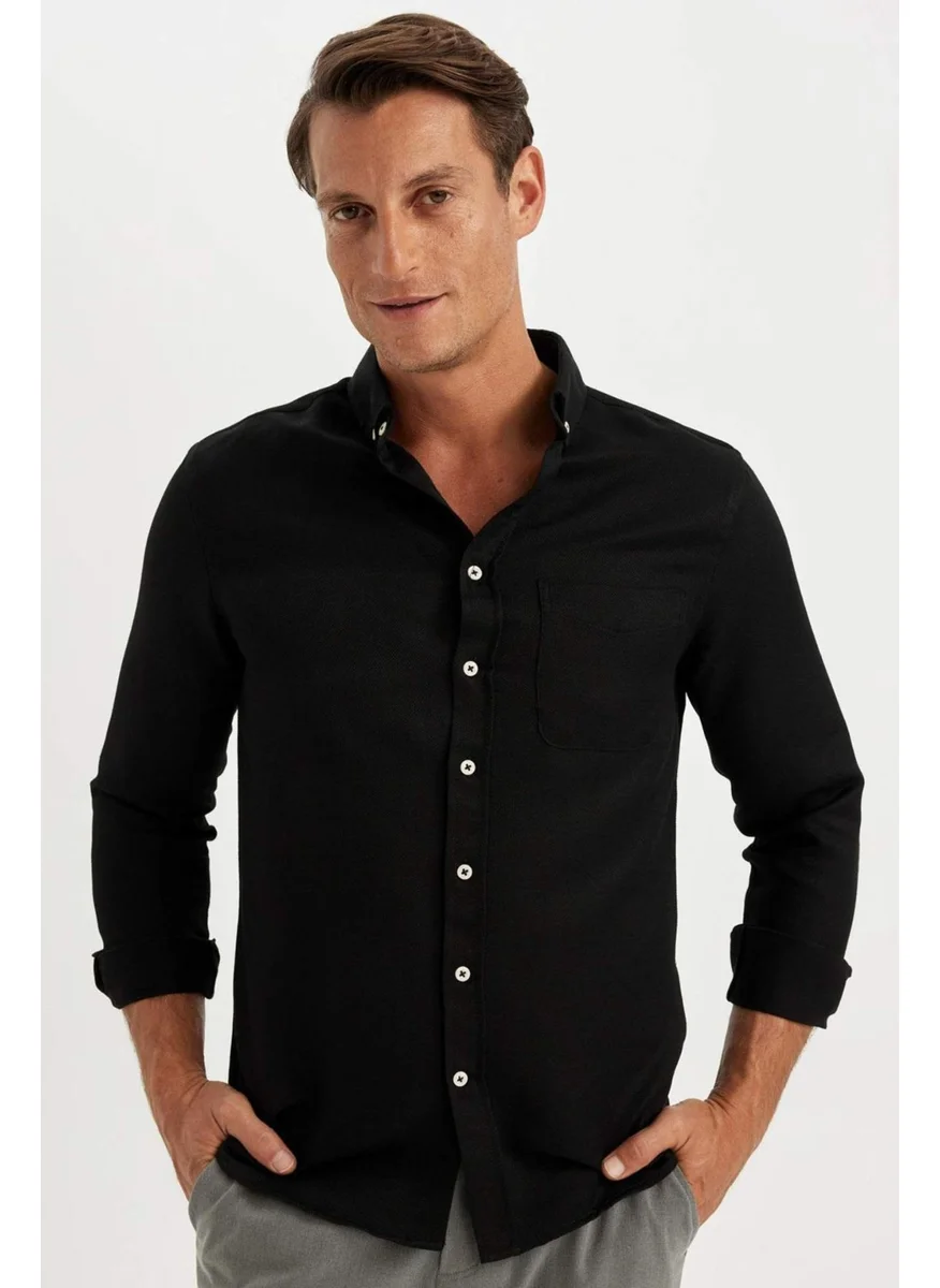 ديفاكتو Slim Fit Slim Fit Buttoned Textured Plain Cotton Blend Long Sleeve Shirt T2066AZ24AU