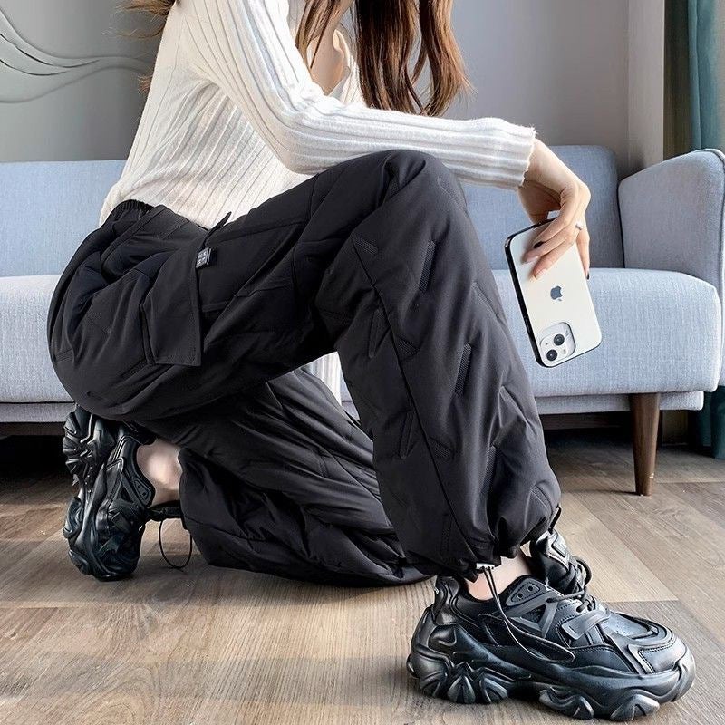 Womens Autumn Winter Loose High Waist Fleece Lined Casual Cotton Trousers Coffee  - Image 4