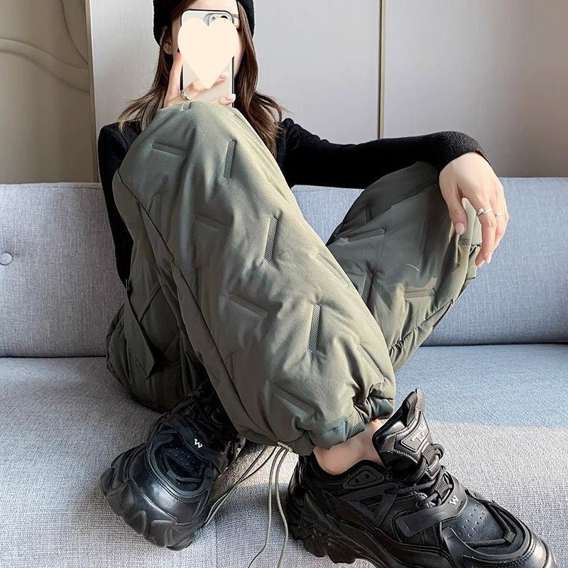 Womens Autumn Winter Loose High Waist Fleece Lined Casual Cotton Trousers Coffee  - Image 3