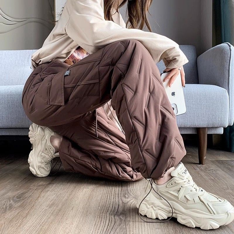 Womens Autumn Winter Loose High Waist Fleece Lined Casual Cotton Trousers Coffee  - Image 1