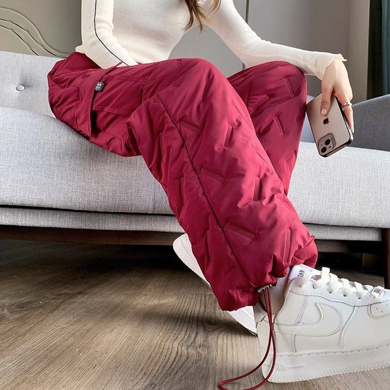 Womens Autumn Winter Loose High Waist Fleece Lined Casual Cotton Trousers Coffee  - Image 2