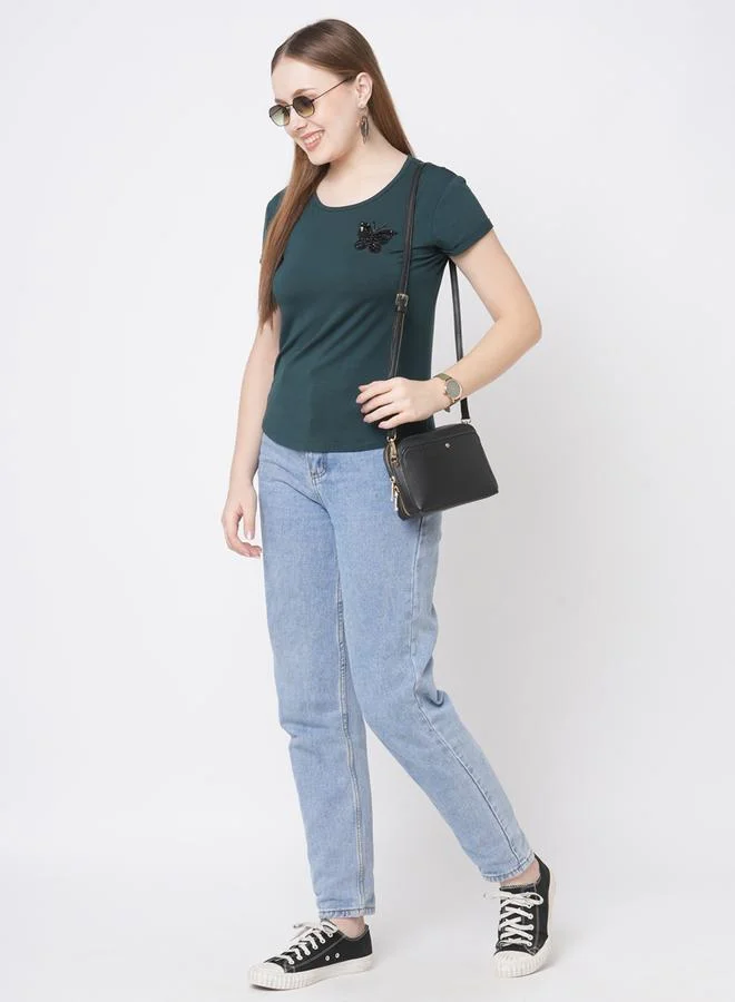 Mish Mish Women Green Embellished Butterfly Detail Short Sleeve T-Shirt