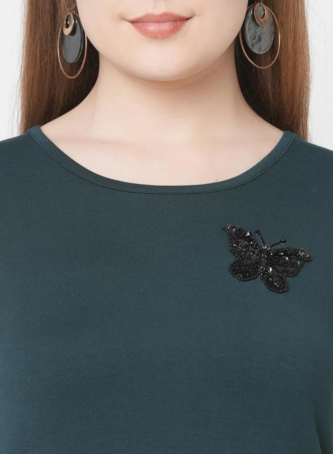 Mish Mish Women Green Embellished Butterfly Detail Short Sleeve T-Shirt