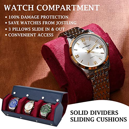 ROSELLE Luxury Leather Watch Roll Travel Case for Men and Women,Travel Watch Case Holds 3 Watches Storage & Display,Designed for steel watch bands &leather metal rubber and bracelets - Image 4