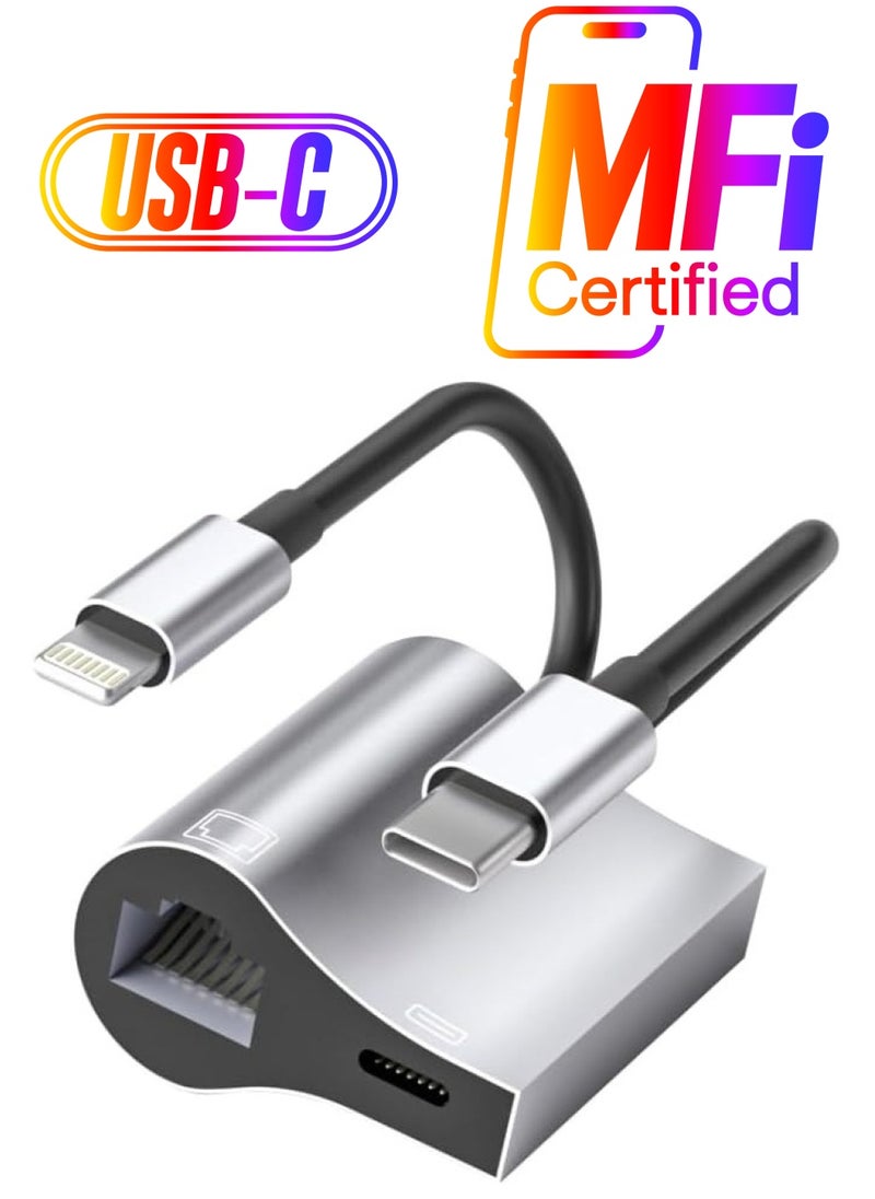 Generic NK-1054 Pro 2 in 1 8 Pin, USB-C/Type-C Male to 8 Pin Charging , Ethernet Female Adapter  - Image 1