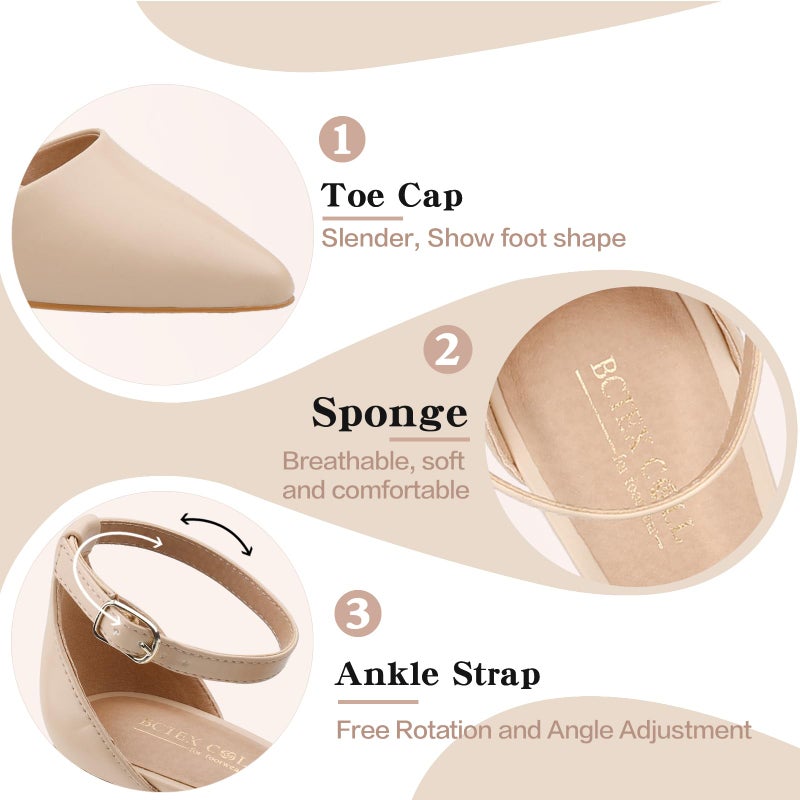 BCTEX COLL Womens Pointed Toe Pumps Shoes Ankle Strap Chunky Low Heels Metal Lined Sandals Designed for Women Nude Pu, Size9 - Image 5