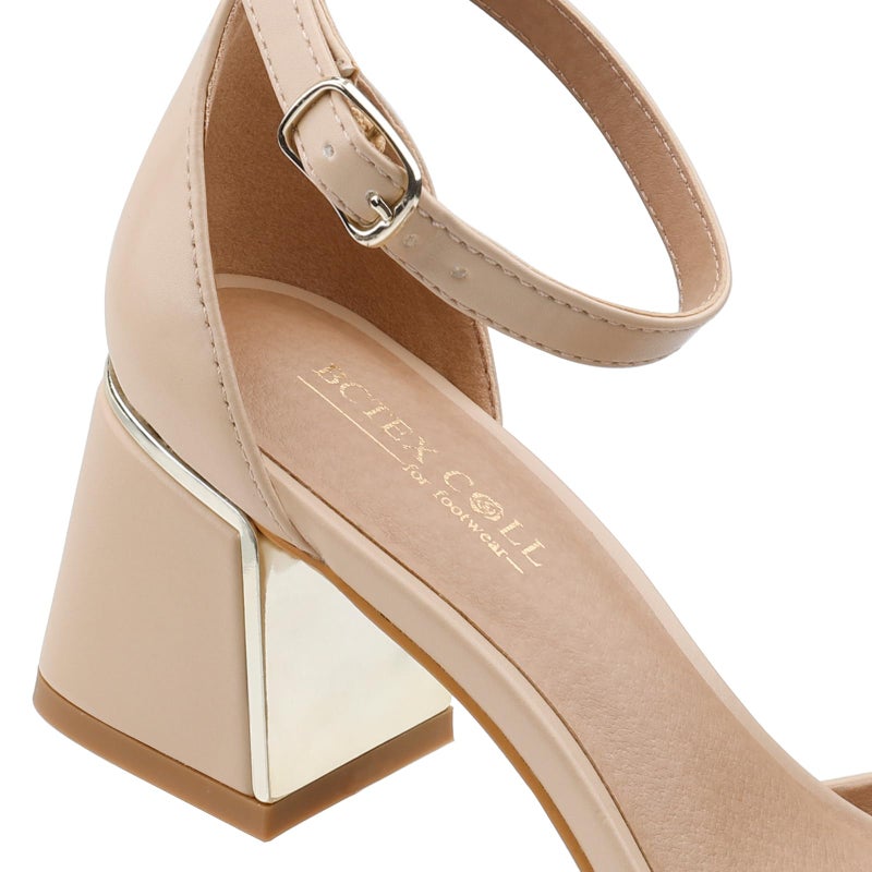 BCTEX COLL Womens Pointed Toe Pumps Shoes Ankle Strap Chunky Low Heels Metal Lined Sandals Designed for Women Nude Pu, Size9 - Image 2