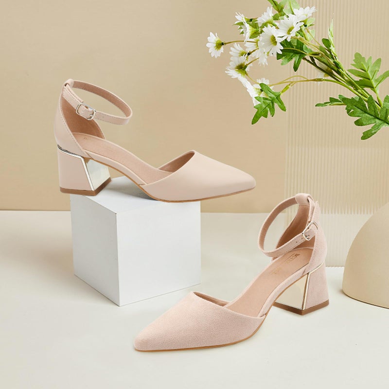 BCTEX COLL Womens Pointed Toe Pumps Shoes Ankle Strap Chunky Low Heels Metal Lined Sandals Designed for Women Nude Pu, Size9 - Image 3