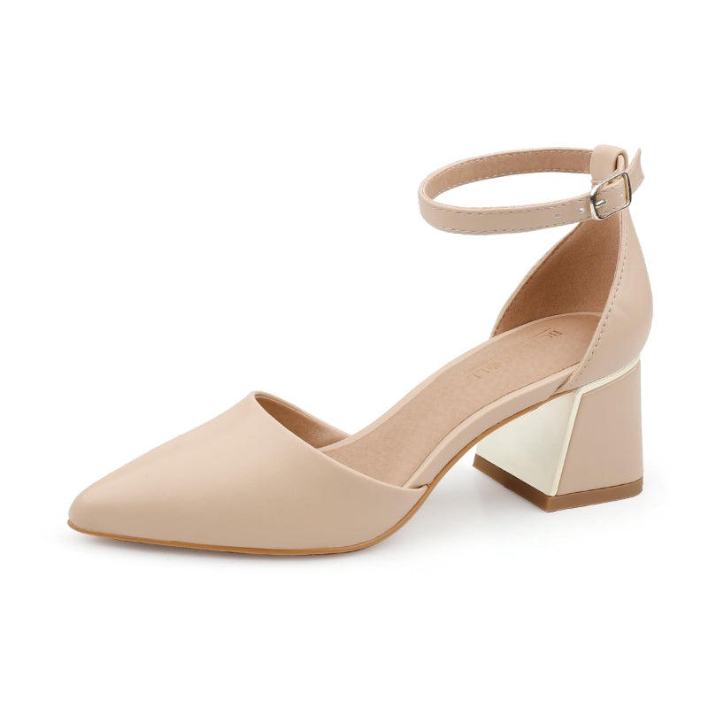 BCTEX COLL Womens Pointed Toe Pumps Shoes Ankle Strap Chunky Low Heels Metal Lined Sandals Designed for Women Nude Pu, Size9 - Image 1