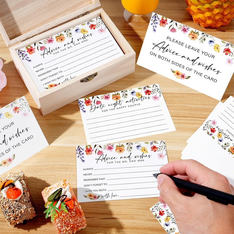 Jectivs 85 Pcs Advice and Wishes Cards Wooden Box Set for The Mr and Mrs,Pink Floral Rose Advice and Wishes Cards with Pen for the Groom and Bride,Bridal Shower Game,Wedding Party Decorations Supplies - Image 4