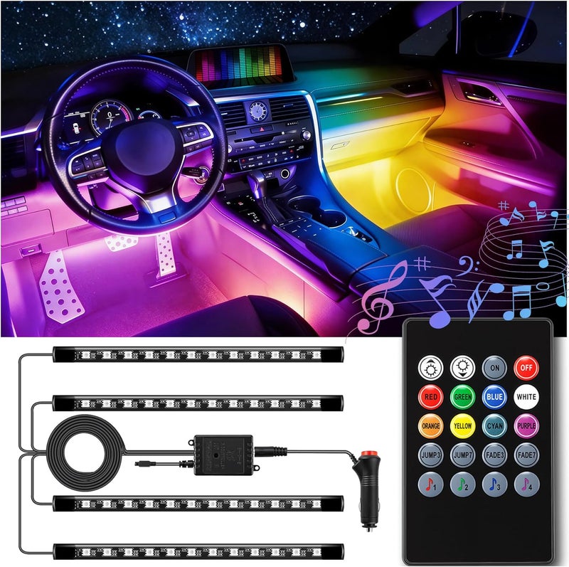LivTee Car Led Interior Lights，4pcs 48 LED Multicolor Music Car Interior Accessories Under Dash Lighting Waterproof Kit with Sound Active Function and Wireless Remote Control, Car Charger Included - Image 1