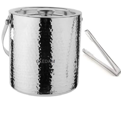 GLEDAM GLEDAM Anti Rust Stainless Steel Ice Bucket I Double Wall with Hammered Design SilverI Premium Glossy I Food Grade Steel with Ice Tong 1 Pc Each 15 Litre  - Image 1