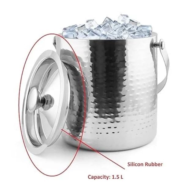 GLEDAM GLEDAM Anti Rust Stainless Steel Ice Bucket I Double Wall with Hammered Design SilverI Premium Glossy I Food Grade Steel with Ice Tong 1 Pc Each 15 Litre  - Image 4