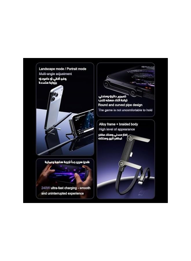 240W USB-C to USB-C Fast Charging Cable with Built-In Phone Stand, 1.5m Braided Side-Angle Cord, Black - Image 5