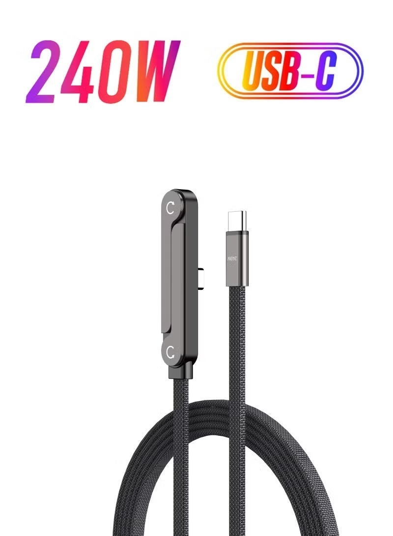 240W USB-C to USB-C Fast Charging Cable with Built-In Phone Stand, 1.5m Braided Side-Angle Cord, Black - Image 1